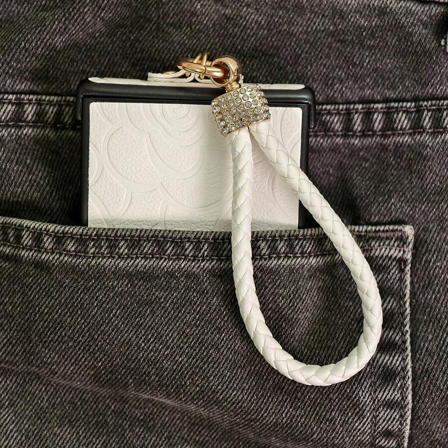 Matte Elegant Embossed Carved Texture Floral Pattern Faux Leather Folding Phone Case With Hinge Protection Strap 1pc Fashionable Rhinestone Phone Lanyard Compatible With Samsung Galaxy Z Flip 8/7/7FE/6/5/4 5G Foldable Phone Protective Cover - White - View 1