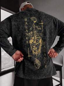 Men's Spring/Autumn Fashion Versatile Guide Heart & Brain English Print Crew Neck Faux Washed Long Sleeve T-Shirt - Black - View 4