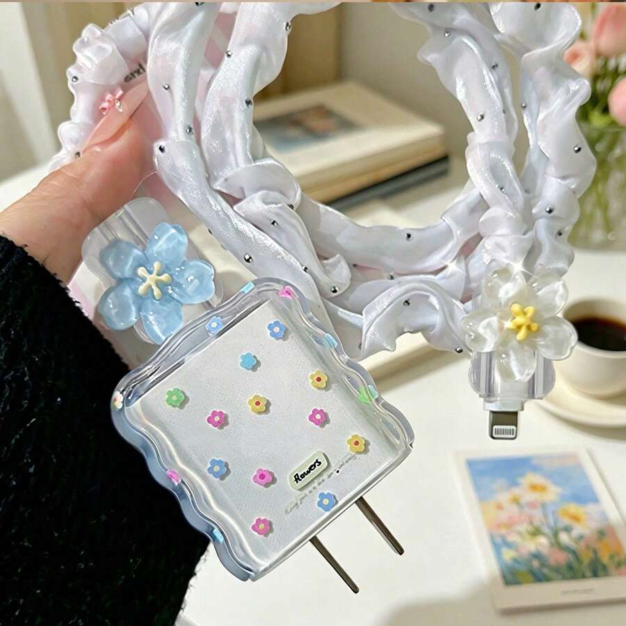 Floral Pattern Charger And Cable Protection Set, Durable Apple 18-20W Charging Cable Protective Case, Anti-Breakage Cable Organizer - Multicolor - View 1