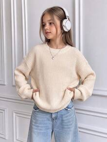 1pc Girls' Crew Neck Chunky Knit Sweater, Loose Lantern Long Sleeves, Ribbed Cuffs, Soft All-Match Versatile Style - Apricot - View 2