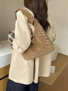 Vintage Brown Faux Suede Rivet Underarm Bag For Women, American Y2K Style Crescent-Shaped Shoulder Bag, Side Metal Rivet Decoration, Knotted Shoulder Strap, Niche Hot Girl Bag - Coffee - View 5