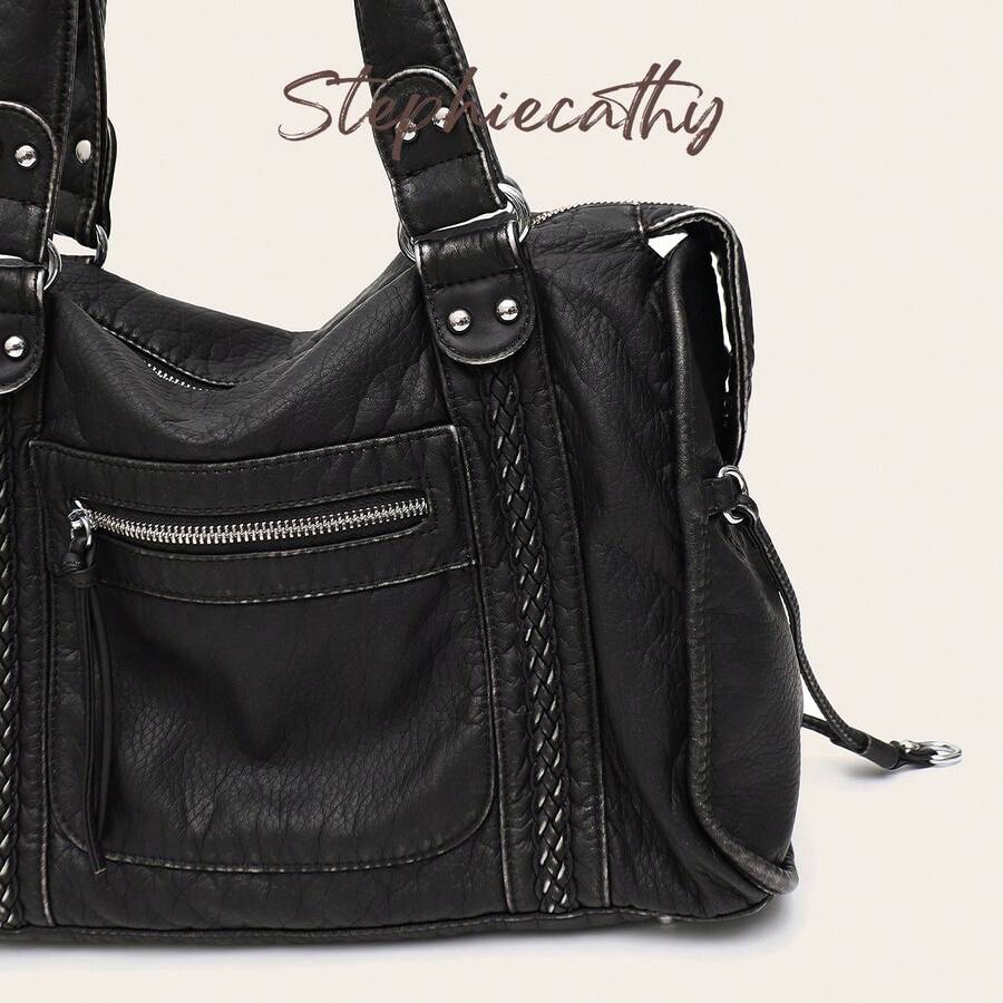 STEPHIECATHY Vintage Casual Cool Street Style Matte Washed PU Leather Zipper Pocket Woven Decor Large Crossbody Shoulder Bag, Fits 13-Inch Laptop, Women's Daily Commute College Travel Bag - black silver - View 1