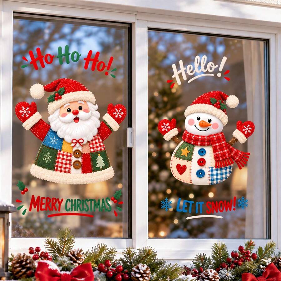 Santa Claus & Snowman Window Stickers, Merry Christmas Snowing Decoration, Holiday Glass Window Decor - Christmas Window Decals - View 1