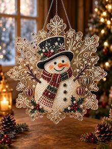 1pc Christmas Pearl And Diamond Painting Light-Absorbing Craft Set - Pre-Assembled Acrylic Snowflake-Shaped Panel With Metal Chain And Lace Trim, Featuring 3D Mixed-Size Pearl Beads (8 Inches) - A - View 4