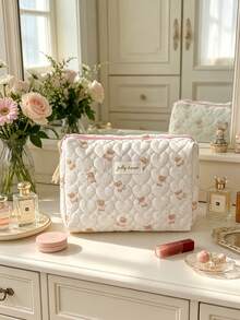 1pc Kawaii Quilted Cosmetics Bag Large Makeup Handbag Heart Pattern Beauty Pouch Portable Brushes Holder Pencil Case Lightweight Travel Toiletry Bags - Baby Pink - View 8