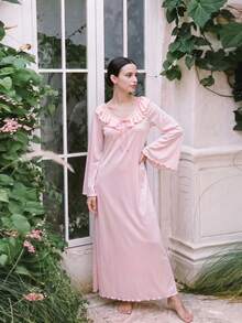 1pc Women's Pink French Style Ruffle Drawstring Bell Sleeve Long Nightgown, Loungewear Dress, Can Be Worn Outdoors, Long Dress - Pink - View 2