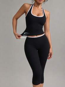 XLLAIS Ribbed Contrast Trim Halter Sports Backless Top & Capri Leggings Workout 2 Pieces Set, Women Activewear Outfit For Gym Yoga - Black - View 2