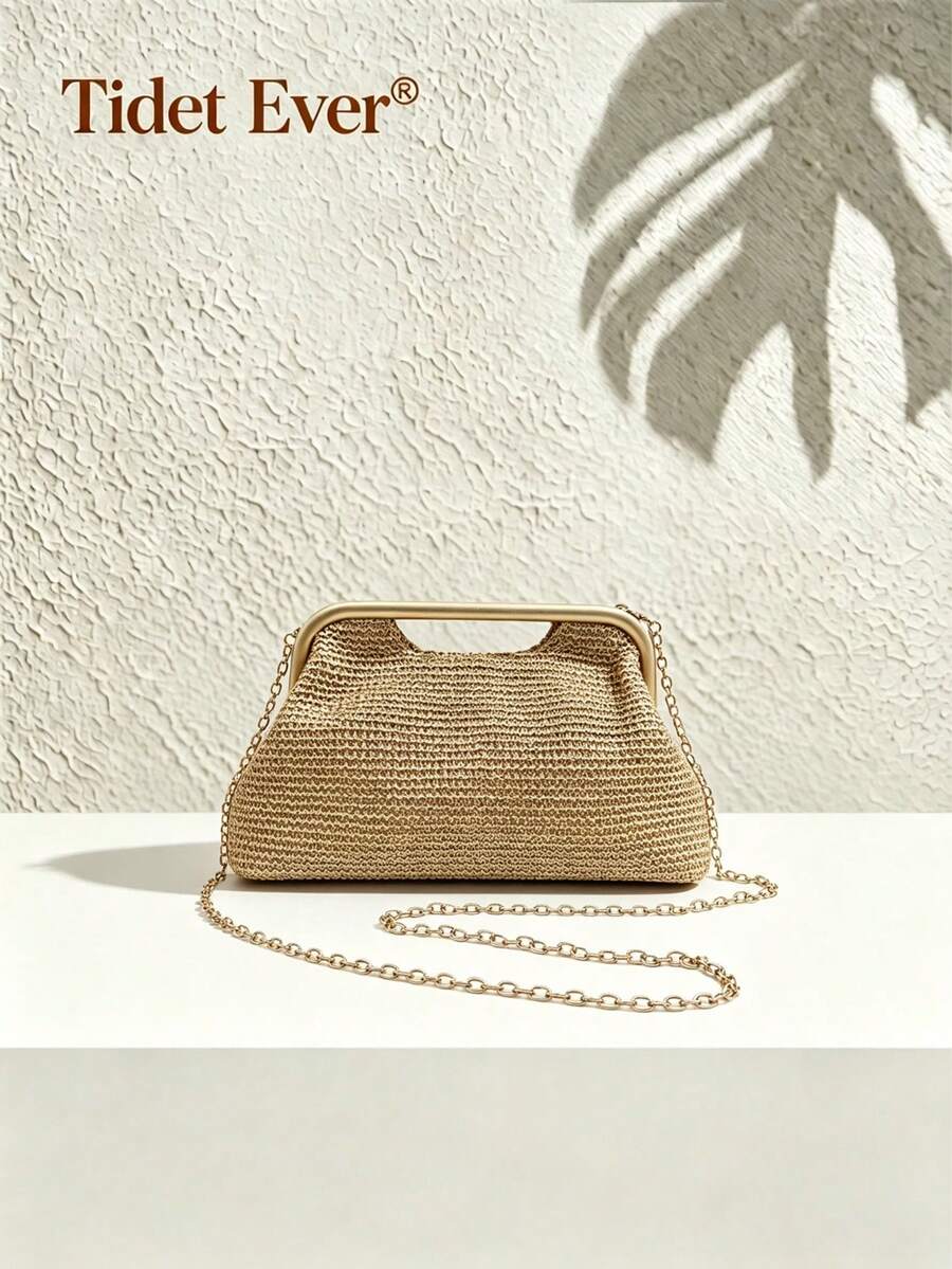 Tidet Ever Women's Elegant Gold Straw Clutch Bag With Chain Shoulder Strap And Top Handle, Suitable For Evening Party, Wedding, Bridal, Vacation, Outing Use