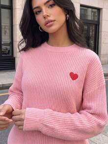 Women's Pink Knitted Long Sleeve Crew Neck Sweater, Heart Embroidery Design, Suitable For Autumn/Winter Wear, Cute, Comfortable And Slightly Stretchy - Pink - View 5