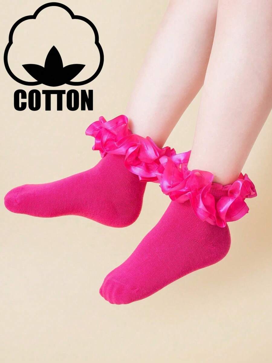 1 Pair Spring/Summer Lace Trim Socks, Princess Dance Socks For Girls - Hot Pink - View 1