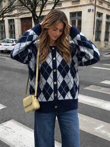 Senya 2026 Women's Diamond Pattern Knit Cardigan, Navy Grey Button Front Sweater, Soft Round Neck Long Sleeve Top, Preppy Old Money Style Autumn/Winter - Grey - View 6