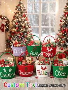 1pc Customized Handmade Embroidered Christmas Basket - Personalized Gift Basket, Party Storage Basket, Organizer Basket, Holiday Gift - Multicolor - View 1