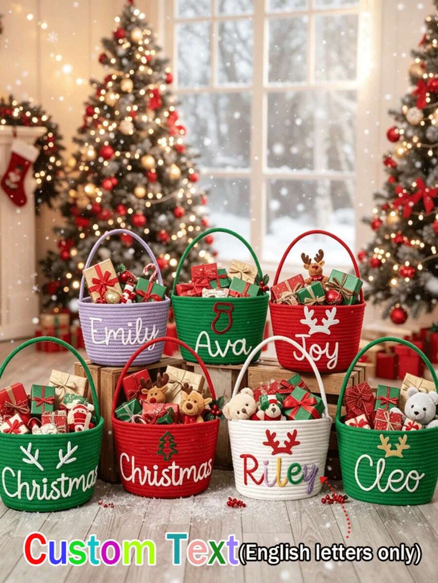 1pc Customized Handmade Embroidered Christmas Basket - Personalized Gift Basket, Party Storage Basket, Organizer Basket, Holiday Gift - Multicolor - View 1