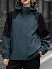 Jaket Wanita Kasual Luar Ruangan dengan Resleting dan Tudung - Dark Green - View 1
