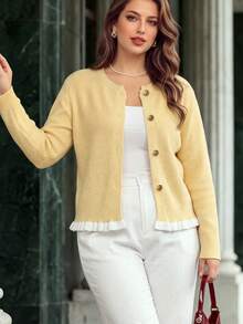 Plus Size Women's Autumn/Winter Long Cardigan, Vintage Casual Colorblock Knit Cardigan Sweater - Yellow - View 5