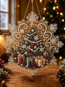 1pc Christmas Pearl And Diamond Painting Light-Absorbing Craft Set - Pre-Assembled Acrylic Snowflake-Shaped Panel With Metal Chain And Lace Trim, Featuring 3D Mixed-Size Pearl Beads (8 Inches) - A - View 3