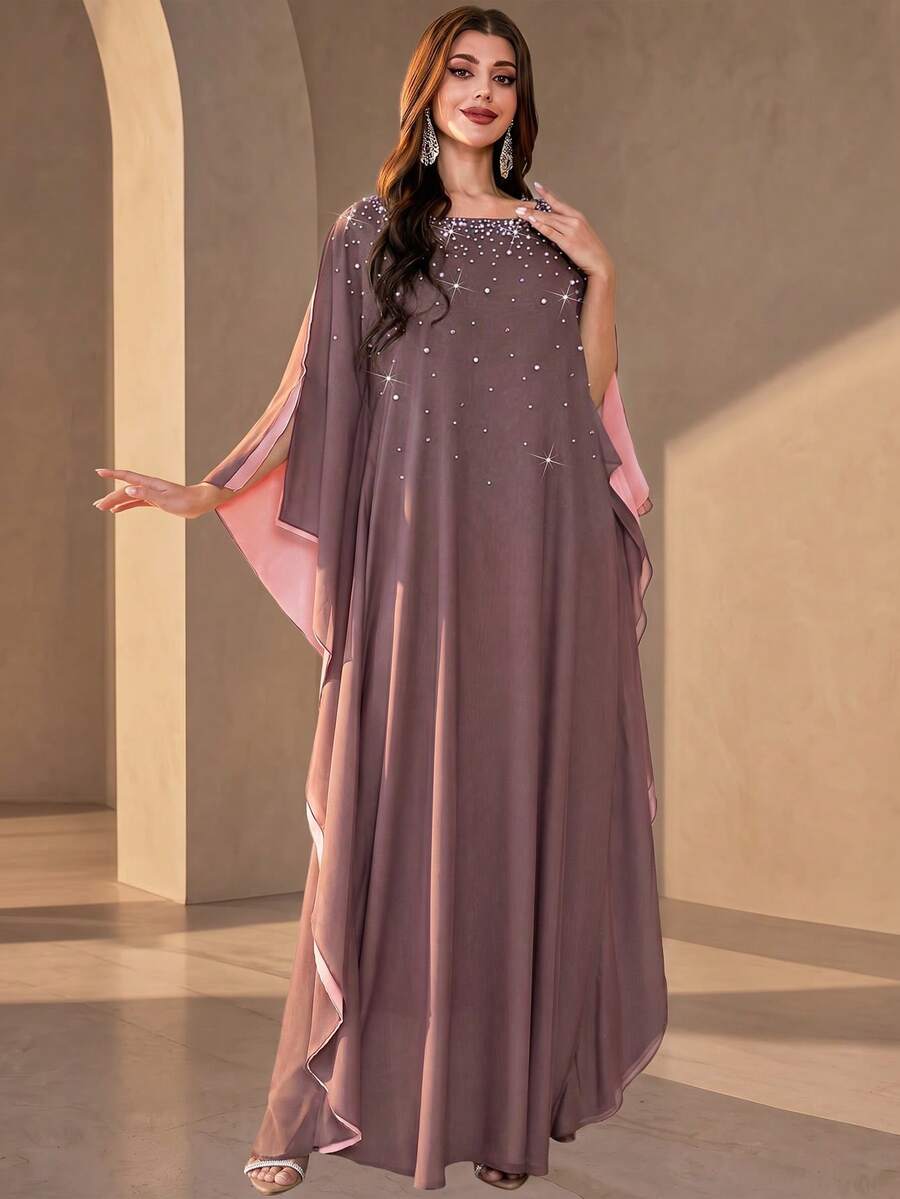 Elegant Women's Long Robe, Decorated With Pearls, Round Neck Batwing Short Sleeve, Long Woven Fabric Dress, Suitable For Formal Occasions