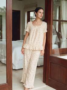 RS Pajama1 Floral Print Bubble Crepe Ruffle Short Sleeve Set, With Bow Decoration, Square Neck Loose Fit - Apricot - View 2