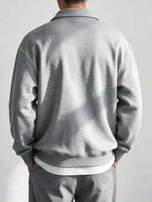 Men's Horse Logo Half-Zip Stand Collar Sweatshirt, Minimalist Casual Commuter Versatile Loose Comfortable Top - Grey - View 4