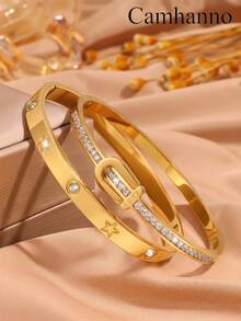 2pcs European And American Style Stainless Steel Plated 18K Gold Bracelet With Multiple Patterns To Choose From, Not Easy To Fade Women's Bracelet - Gold - View 6