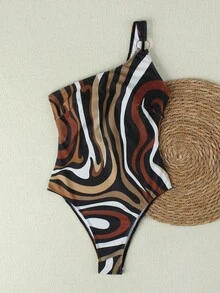 HOTTIE HABIT Abstract Wave Print One Shoulder Monokini, Metal O-Ring Strap High Cut Swimsuit, Women's Retro Colorblock Swimwear, Suitable For Beach, Pool, Vacation - Multicolor - View 4