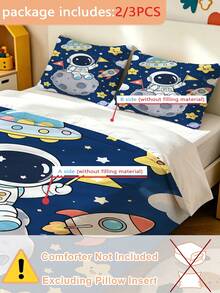 2/3件客製化姓名卡通太空人月球火箭星星印花個性化被套，深藍色太空主題聚酯纖維床單被套（不含填充物），男孩女孩臥室裝飾，多尺寸可選 - 彩色 - 查看 5