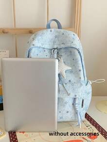 Star Print Heathered Backpack + Large Capacity Lightweight + Teen Girls School Daily + Grey Aesthetic Preppy Casual Backpack - Multicolor - View 9