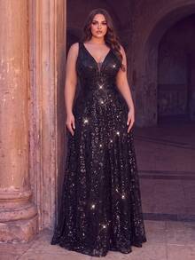 Plus Size Elegant Deep V-Neck Sequin Lace Maxi Dress, Sleeveless A-Line Waist Design, Suitable For Photography, Beach Vacation - Black - View 1