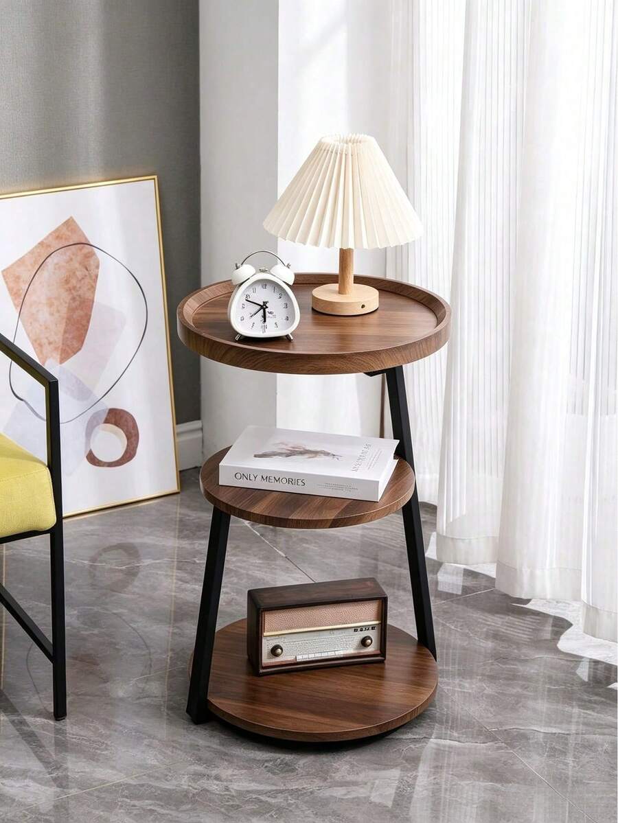 3-Tier Round Side Table, Multi-Layer Wooden Nightstand, Metal Support Frame, Stable Structure, Space Saving, Easy To Assemble, Suitable For Placing Ornaments And Drinks In Bedroom, Living Room And Beside Sofa - Multicolor - View 1
