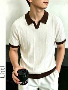 Boys' Jacquard Hollow Knit Contrast Collar Short Sleeve POLO Sweater - Apricot - View 7
