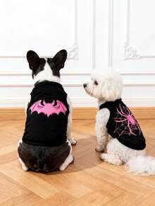 LUCKIE LABO 2pcs Spider & Bat Print Polyester Anti-Flea, Anti-Shedding, Heat Insulation & Breathable Vest For Cats & Dogs, Indoor & Outdoor Use - Black - View 1