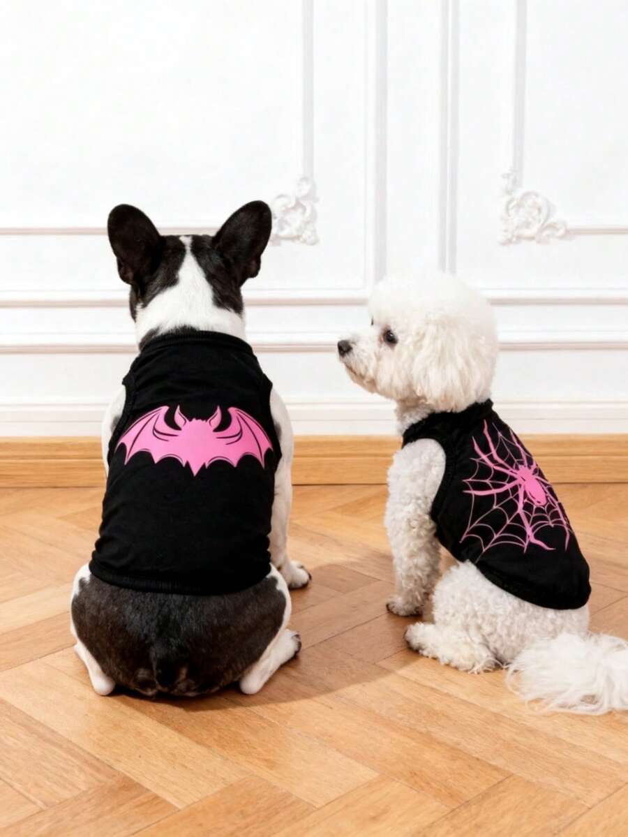 LUCKIE LABO 2pcs Spider & Bat Print Polyester Anti-Flea, Anti-Shedding, Heat Insulation & Breathable Vest For Cats & Dogs, Indoor & Outdoor Use - Black - View 1