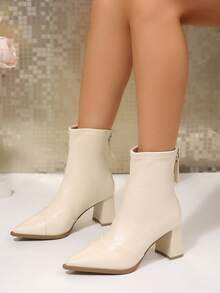 Autumn/Winter New Women's Ankle Boots And Ankle Boots, Pointed Toe Chunky Heel, Elastic Shaft With Back Zipper, Soft Leather Slim Fit, Commute Versatile High Heel Boots - Beige - View 3