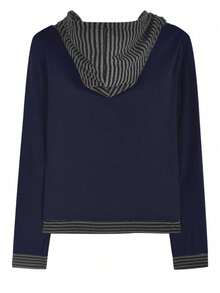 YCYC Korean Style Autumn/Winter Striped Patchwork Button Hooded Long Sleeve T-Shirt Top For Women - Navy Blue - View 7