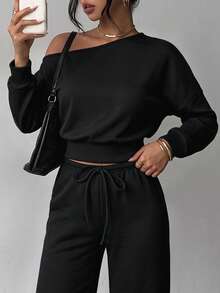 Women's Autumn Set, Solid Color Asymmetrical Shoulder Long Sleeve Top Paired With Low Waist Drawstring Pants Two Pieces Outfit, Y2K Street Style Hot Girl Look - Black - View 8