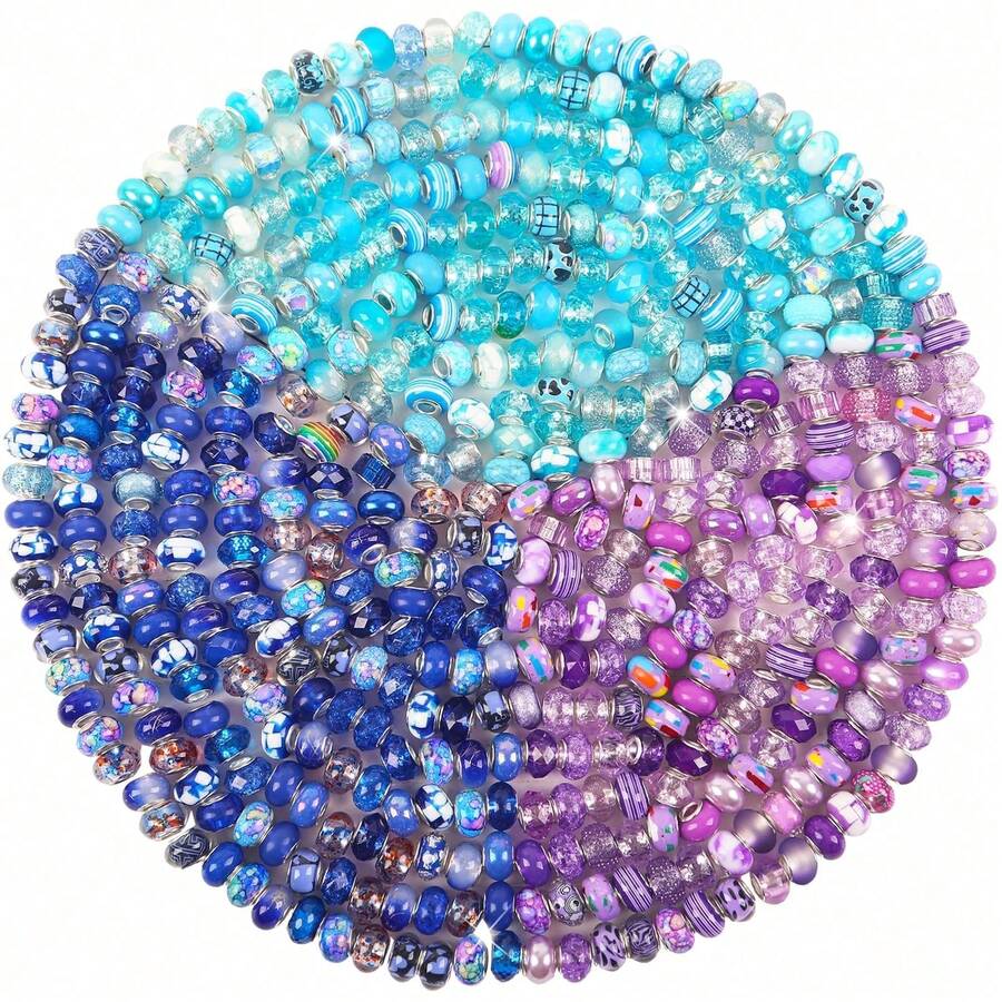 31/51/101 Pieces European-Style Large-Hole Beads-Mixed-Color, Assorted-Style Spacer Beads-Suitable For DIY Beaded Keychains, Necklaces, And Bracelets. - Dark Blue, Light Blue, Purple - View 1