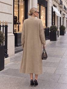 NOVELLE Women's Elegant Cable Pattern Knit Sweater Set, Autumn Winter Loose Long Cardigan With Midi Dress, For Daily Going Out, Commute And Dating - Khaki - View 3