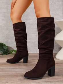 WTKMRSSTEP Vintage Ruched Stacked Boots Women's Chunky Heel High Heel Minimalist Versatile High Shaft Riding Boots - Brown - View 3