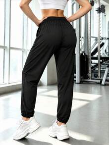 Women's Black High Elasticity Running Pants, Long Woven Fabric Sports Trousers With Drawstring And Side Zipper Pockets - Black - View 4