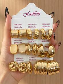 18/6pcs Women's Gold CCB Geometric Square Smooth C-Shaped Twisted Hoop Earrings Set, Suitable For Daily, Party, Commute Wear - Yellow Gold - View 1