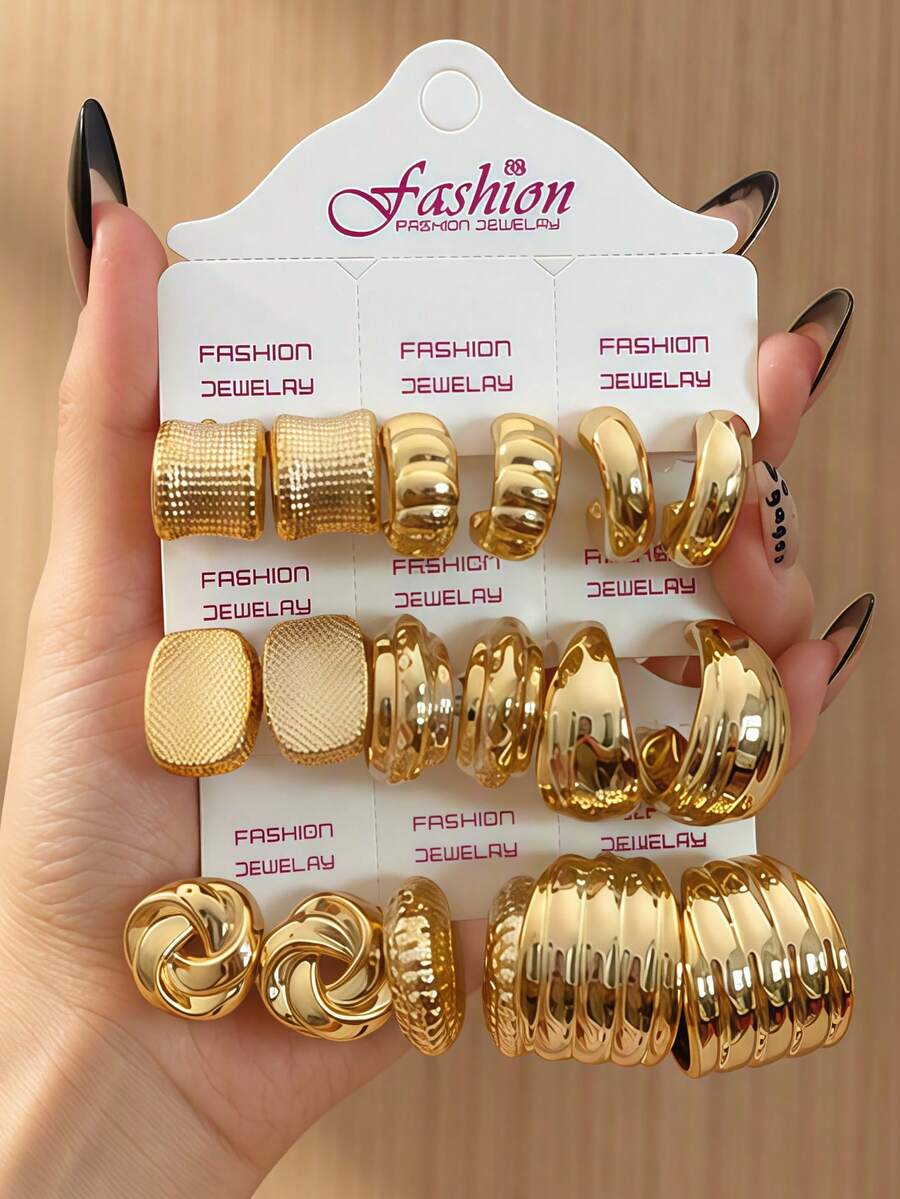 18/6pcs Women's Gold CCB Geometric Square Smooth C-Shaped Twisted Hoop Earrings Set, Suitable For Daily, Party, Commute Wear - Yellow Gold - View 1