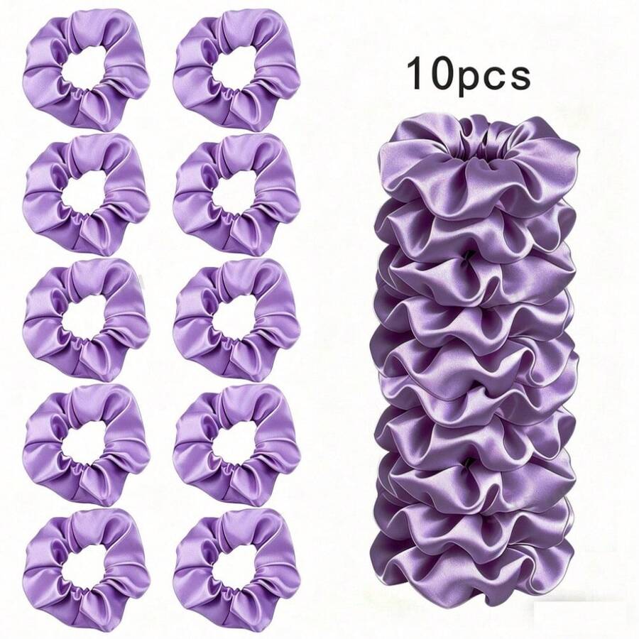 10/20-Piece Purple Ladies Elegant Solid Color Satin Hair Ring, Daily Use, Sports, Summer, Beach - Light Purple - View 1
