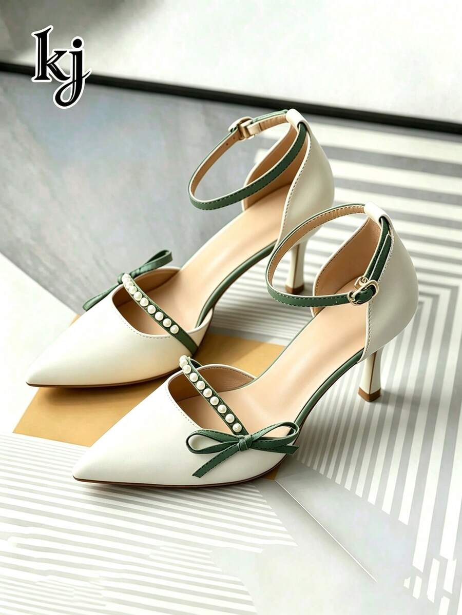 1 Pair Fashionable High Heels With Faux Pearl Bow And Ankle Strap, Suitable For Ball, Wedding, Party, Date And Other Occasions - Green - View 1