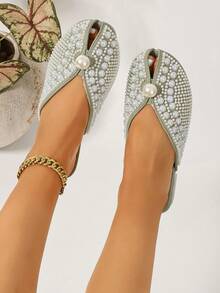 Ximi Ruo Women's Peep-Toe Slide Sandals Spring New Fashion Outdoor Flat Rhinestone Closed Toe Slippers Slouchy Mule Shoes Internet Celebrity Closed Toe Slippers Women's Shoes Outdoor Spring Summer New Fashion Pointed Toe Chunky Heel Mule Shoes Rhinestone - Green - View 4