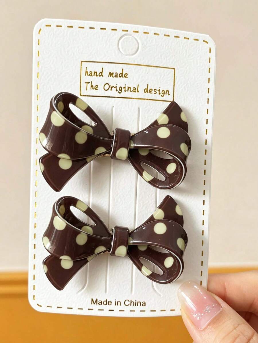 2pcs Women's Korean Style Maillard Polka Dot Bow Hair Clips, Minimalist Contrast Color Polka Dot Straight Clips, Versatile Bangs Hair Accessories For Daily Commute And Young Girls - Multicolor - View 1