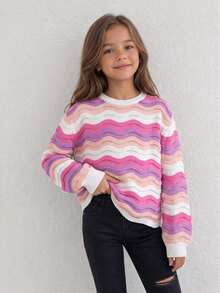 1 buah Sweater Rajut Bergelombang Berongga Warna Pink Ungu Macaron untuk Anak Perempuan, Atasan Rajut Lapisan Dasar Anak-anak dengan Tekstur 3D, Leher Bulat Longgar - Berwarna merah muda - View 2