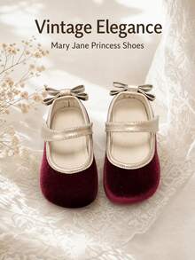 Girls' Mary Jane Shoes With Gold Trim, Bow And Hook & Loop Closure, Suitable For Autumn/Winter Holiday Party Outfits - Red - View 12