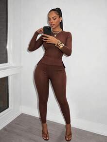 RNU Setelan 2 Potong Wanita Kasual Musim Gugur/Dingin, Bahan Bertekstur Ribbed, Atasan Rajut Lengan Panjang Slim Fit dengan Leher Bulat Kecil - Coffee Brown - View 8