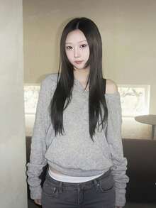 Women's Autumn V-Neck Casual Loose Pullover Top With Button Cuffs - Grey - View 7
