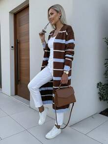 Women's Autumn/Winter Casual Y2K Outing Top Brown V-Neck Multi-Color Striped Long Knit Cardigan - Multicolor - View 4